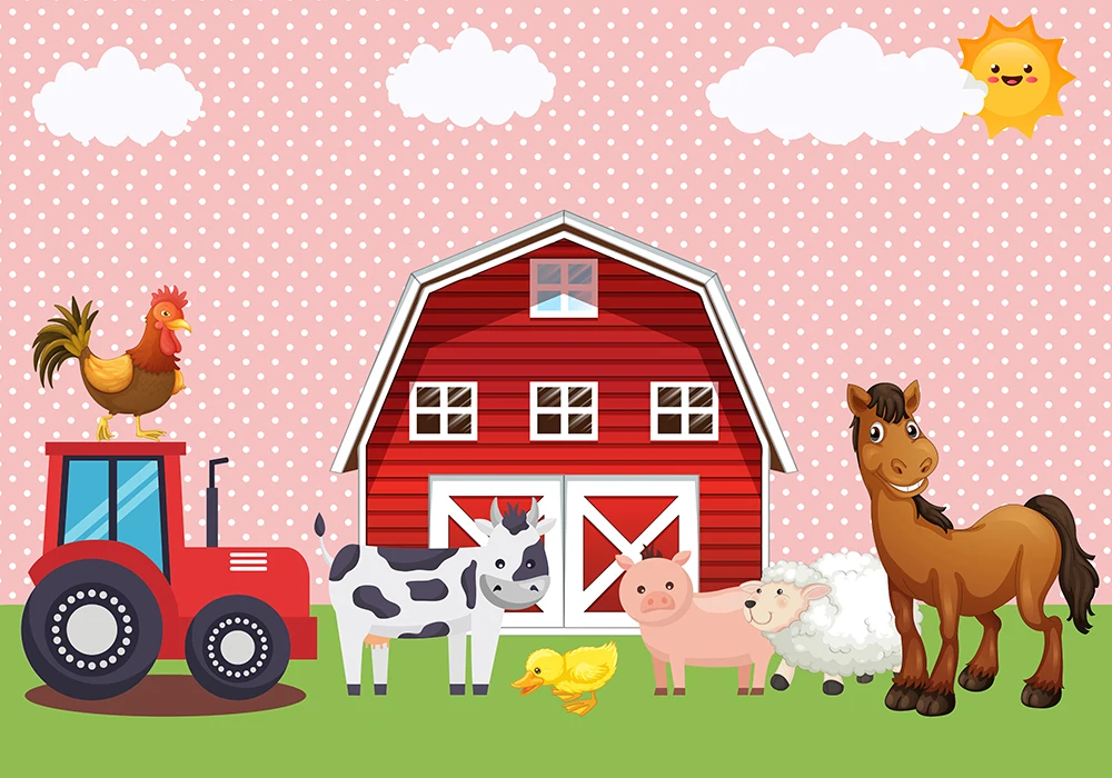 Cartoon Frame animal themed birthday party photography backdrop girl boy kids red barnyard bash windmill house children banner |