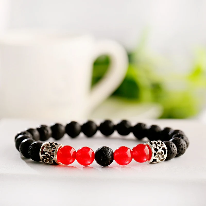 Классические красные, черные бусины из вулканического камня браслеты Homme Mala Серебряный цветок корона сплав браслеты Bijoux Мужские аксессуары ювелирные изделия