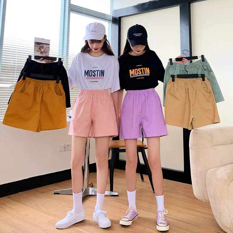 

6 color tooling shorts female Punk Style summer 2020 solid color loose straight casual high waist cotton shorts