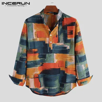 

INCERUN Long Sleeve Men Printed Shirt Brand Casual Cotton Stand Collar Fashion Blouse Streetwear 2020 Men Hawaiian Shirt Chemise