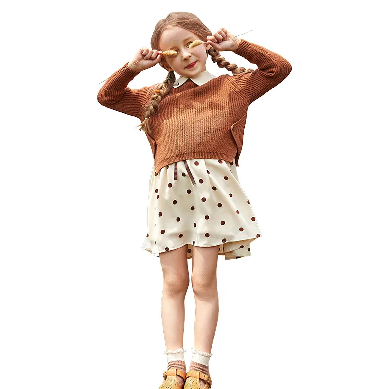 Ins/костюм для девочек Новинка года, Осенний Детский комплект, модный вязаный комплект из двух предметов для маленьких девочек, свитер и платье принцессы в горошек,#5436