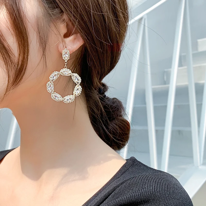 Korea hot new design fashion jewelry luxury full crystal round dangle earrings high-end wedding party earrings for women gift