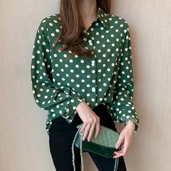 

2020 Spring Long Sleeve Polka Dot Shirts Black Green Women Tops Plus Size Oversized Shirts Korean Fashion Clothes