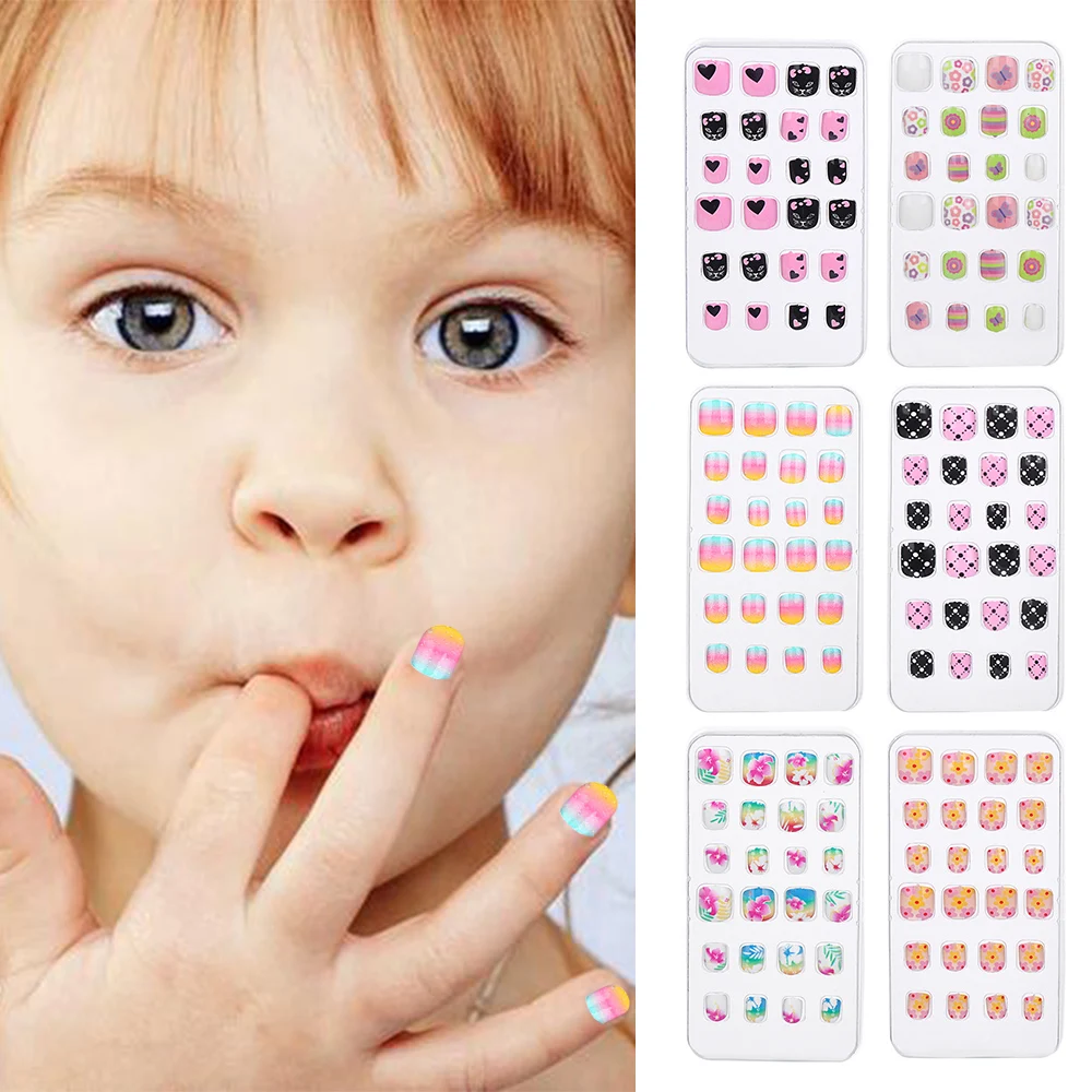 24Pcs/box Press On Self Adhesive Child False Nails Manicure Wearable Fake Kids Artificial Full Cover Nail Tips Candy Color | Красота и