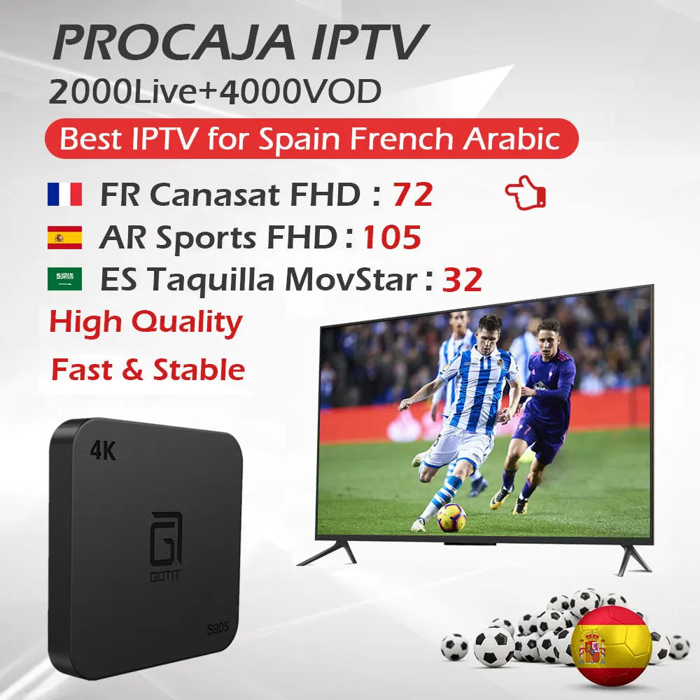 GOTIT S905 Android 7,1 tv Box+ Арабский French Spain IP tv FHD Live Sports+ VOD H.265 4K 1G/8G 2G/16G Procaja IP tv 2000Live+ 4000VOD