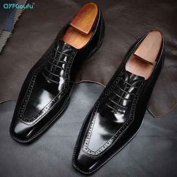 

QYFCIOUFU New Men Leather Shoes Business Dress Suit Shoes Men Brand Bullock Genuine Leather Black Laces Wedding Mens Shoes