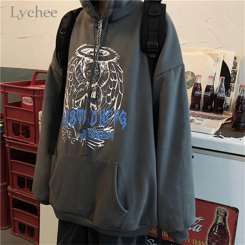 Lychee Женские флисовые толстовки с капюшоном в стиле Харадзюку с надписью «Angel» на весну, осень и зиму, женские топы, повседневные свободные женские толстовки с карманами