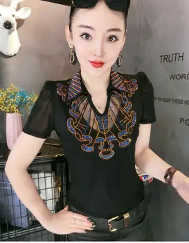 

Summer Women's T-shirts Short Sleeve Women Gemstones T-shirts Lady Bling Bling Bead Work Tees Tops
