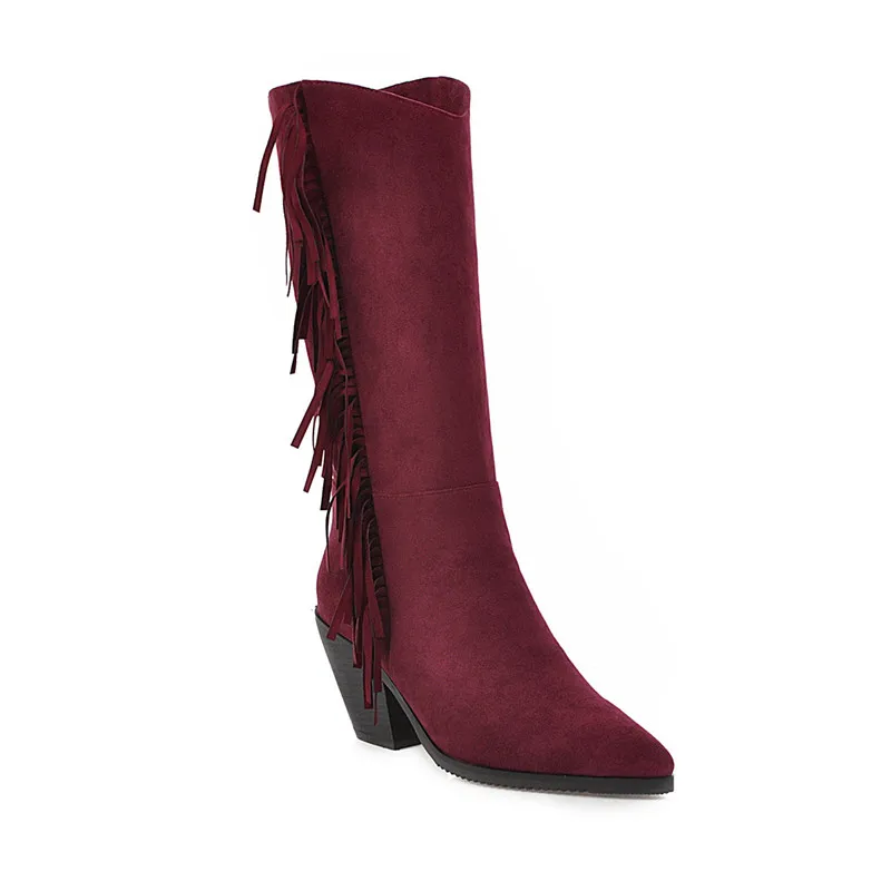 wine red ASUMER/ г. Новые ботинки до середины икры женские осенне-зимние ботинки с острым носком без застежки элегантные женские ботинки «Челси» на выпускной Большой размер 34-46 - Цвет: wine red