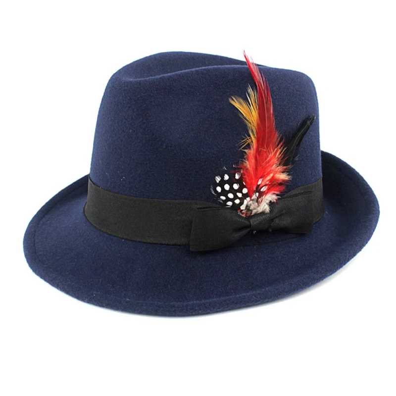 HT3042NV Мужчины Женщины жесткий фетр перо группа Трилби джаз шляпа Sunhat - Цвет: HT3042NV