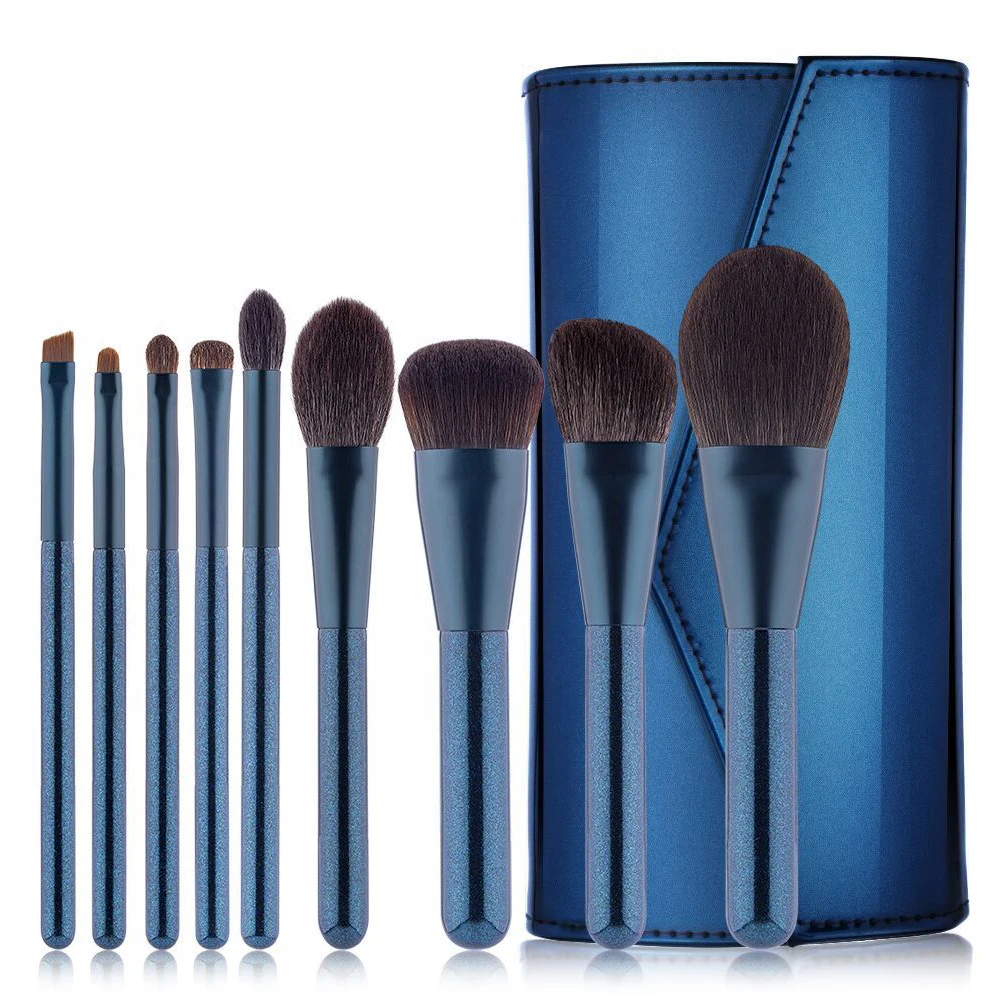 

9Pcs Pearlescent Blue Profession Makeup Brushes Animal Hair Makeup Brush Fine Light Peak Wool Makeup Brush with PU Bag Set