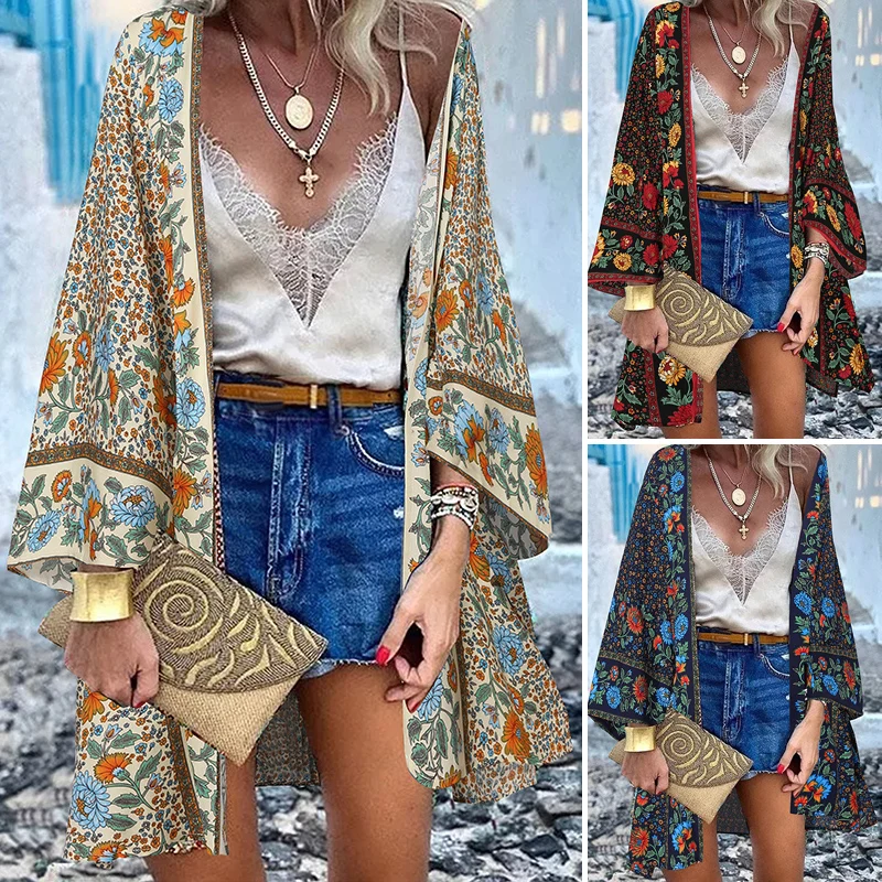 ZANZEA Women Cardigan Summer Open Front Bohemian Floral Printed Blouse Kimono Casual Loose Beach Tops Vintage Long Sleeve Blusas 3