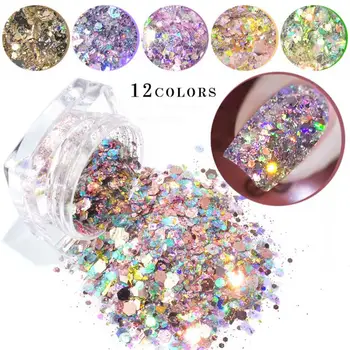 

12 Colors Nail Art Decoration Irregular Sequin Manicure Decoration Bling Glitter Powder 3D Rainbow Clear Hexagon Slice DIY Charm