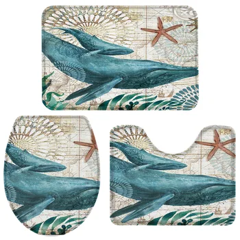 

3 Pieces Bathroom Set Nautical Style Whale Marine Life Bath Set Toilet Cover Mat Pedestal Rug Non-Slip Bathroom Rug Set