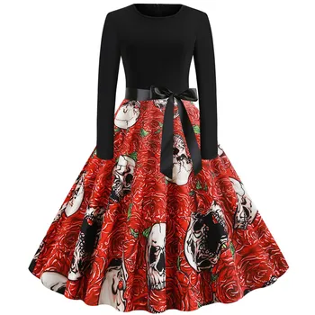 

Women Autumn winter long Sleeve Vintage 3d printing skeleton red rose dress Halloween carnival Evening Prom Party Round collar