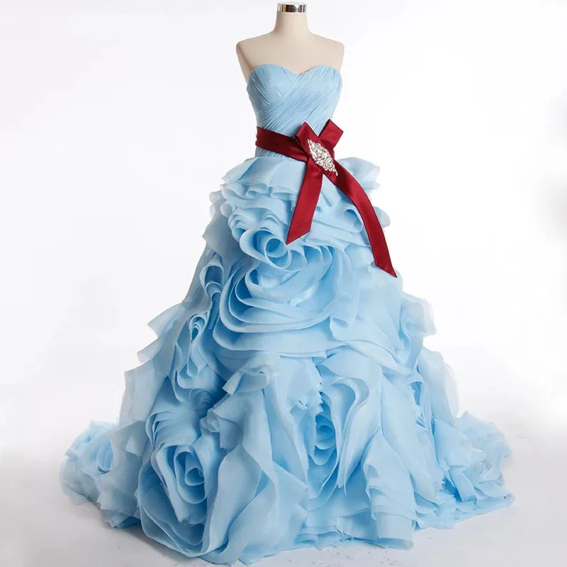 Light blue Линия органзы без бретелек возлюбленной шеи с плеча Вечерние платья Формальные платья Длина пола суд Поезд Кружева обратно - Цвет: Light blue