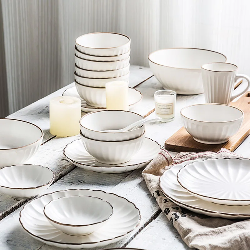

ANTOWALL 1/6/10 Person Dinner Set White Ceramic Tableware Set Household Rice Bowl Flower Shape Soup Plate Dessert Dish Mug