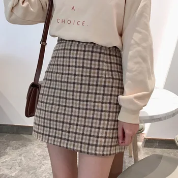 

Spring Autumn Korean Sweet Plaid Skirts Women Preppy Style High Waist A-line Thin Skirt Female Chic All Match Woolen Saias