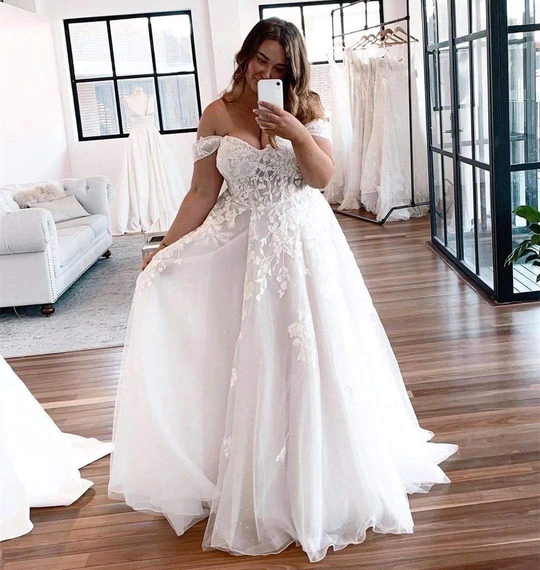 Elegant Off-Shoulder Ball Gown Wedding Dresses Lace Appliques Bridal Dress Plus 