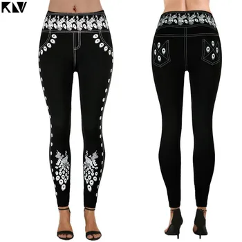 

Women Plus Size Yoga Pants Faux Denim Print Stretchable Slim Leggings High Waist Peacock Feather Pattern Modal Pencil Tights