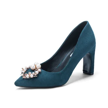 

Women's shoes 2020 spring and summer new pearl decorative button high-heeled shoes shallow mouth single shoe size