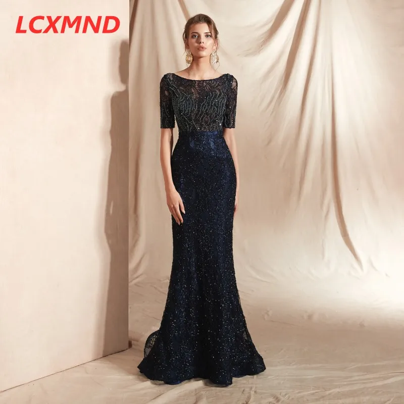 Кружевные вечерние платья с короткими рукавами и вырезами, длинные, Vestido de Festa, Русалка отделка бисером, вечернее платье для выпускного бала, платья
