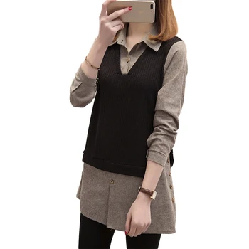 

Plus size Womens Tops and Blouses Fashion Turn down Collar Knitted Patchwork Shirt Long sleeve Blusa Feminina 5xl Ladies Shirts