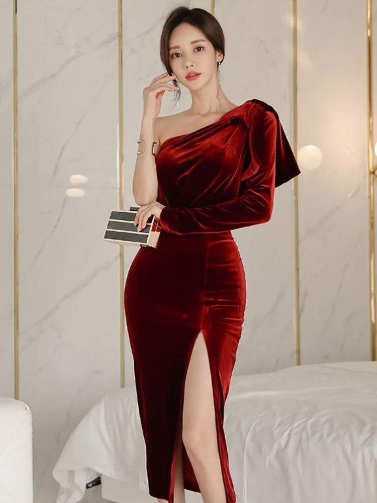 red velvet one shoulder dress