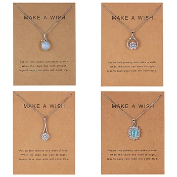 

1PC Gorgeous Natural Stone Dolphin Flower Shining Rhinestone Link Chain Necklace With MAKE A WISH Cardboard Charm Jewelry Gift