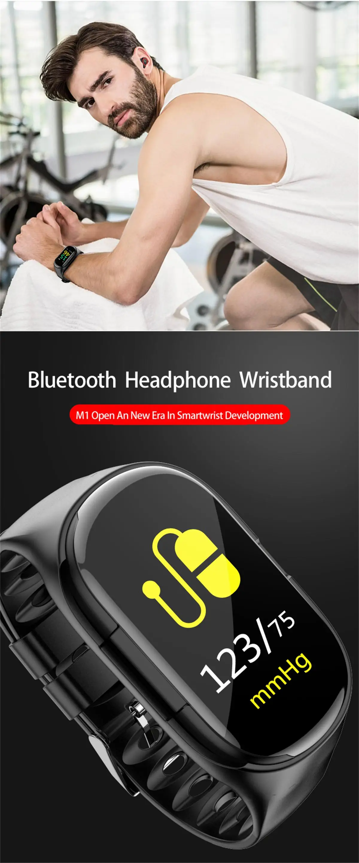M1 color screen smart bracelet Bluetooth headset 2 in 1 wristband sleep heart rate blood pressure monitor with music headphones
