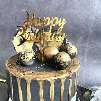 

Golden Black Happy Birthday Cake Topper DIY Acrylic Dessert Dress Up Party Supplies Cupcake Topper for Party Decoration G