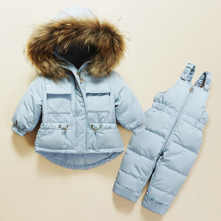 light blue Комплект зимней одежды для детей; одежда для маленьких мальчиков и девочек; теплый пуховик; пальто; комбинезон; зимний комбинезон; детская парка; комбинезон с натуральным мехом; пальто - Цвет: light blue