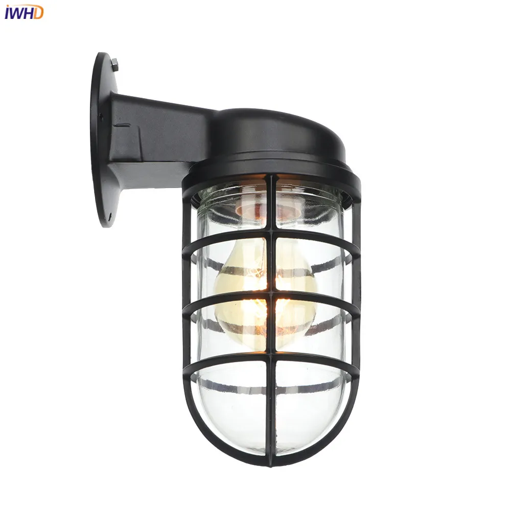 IWHD American Country Retro LED Wall Lights For Home Lighting Black Metal Bathroom Mirror Stair Light Glass Vintage Wall Lamp