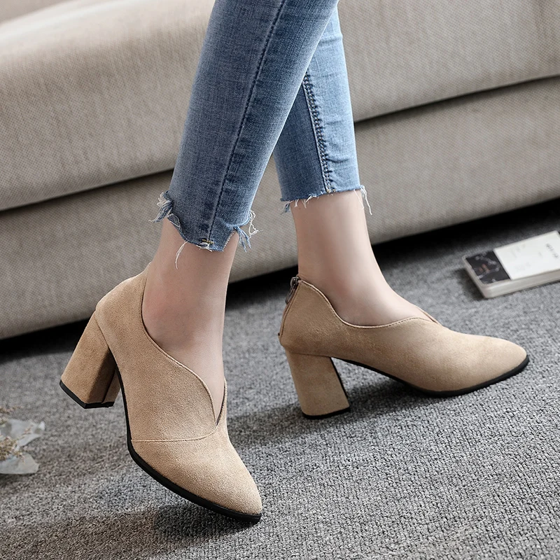 

Women High Heels Single Shoes Spring 2020 Stylish pointed suede zip Non-slip comfortable square wild office women shoes U28-53