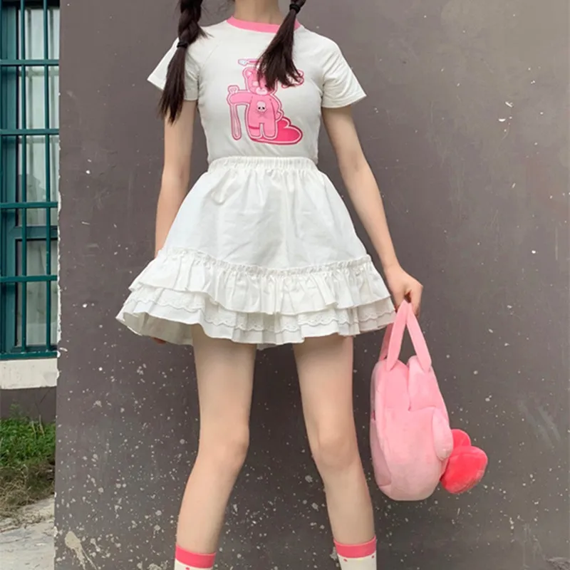 

2021 Spring Summer Korean Fashion Fairy Cute High Waist Skirt Solid Elastic Cake Lace Mini Skirt Retro Vintage Hot Sell Skirt