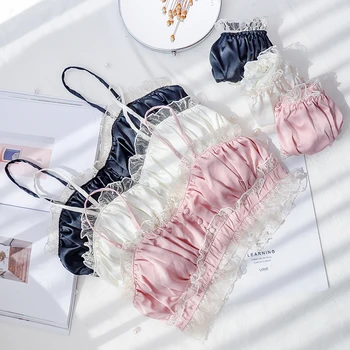 

Comfortable Lace Tirm Thin section Sweet Cute Lolita Lingerie Women Intimates Milk silk Young Girl Underwear Bra & Panties Set