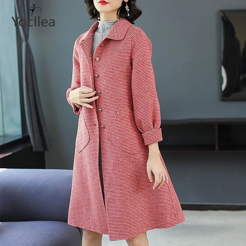 

2019 Plaid Long Wool Coat For Women Long sleeve Hepburn style Double Layer Wool Trench Overalls Autumn Winter Warm Coat Tops