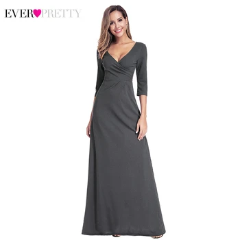 

Evening Dresses Long Ever Pretty Simple A-line Deep V-Neck Ruched Three Quarter Sleeve Elegant Party Gowns Robe Femme Soiree