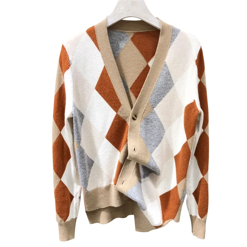 Cardigan Feminino Rushed Microfiber Standard Autumn New Cashmere Sweater Women Contrast Plaid Irregular Wool Knit Cardigan