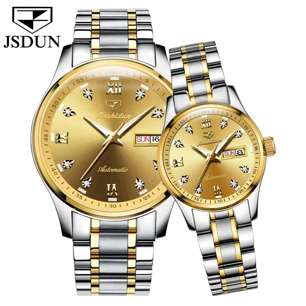 Gold Silver JSDUN синий циферблат Самовзводные beweging высокое качество Luxe Koppels Horloge Lichtgevende водонепроницаемый механические часы - Цвет: Gold Silver