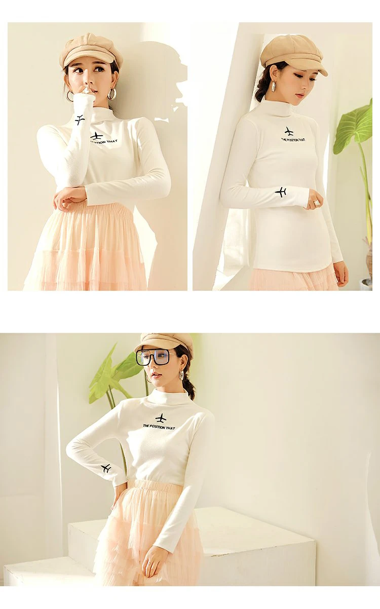 Elegant Autumn Winter Women T-shirts Elegant Half turtleneck Long Sleeve Tee Tops Embroidery All-match Female T shirt