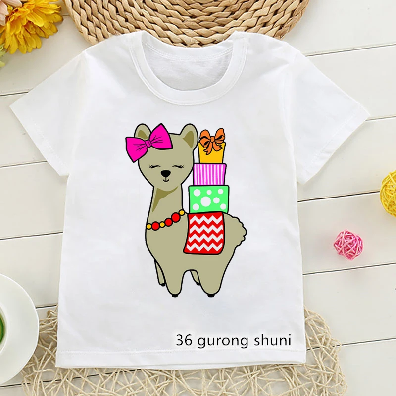 Camiseta con estampado de Llama de Navidad para niñas, ropa Kawaii para niños, camiseta blanca divertida, camiseta Harajuku para niñas, ropa de calle para niños, regalo de Navidad
