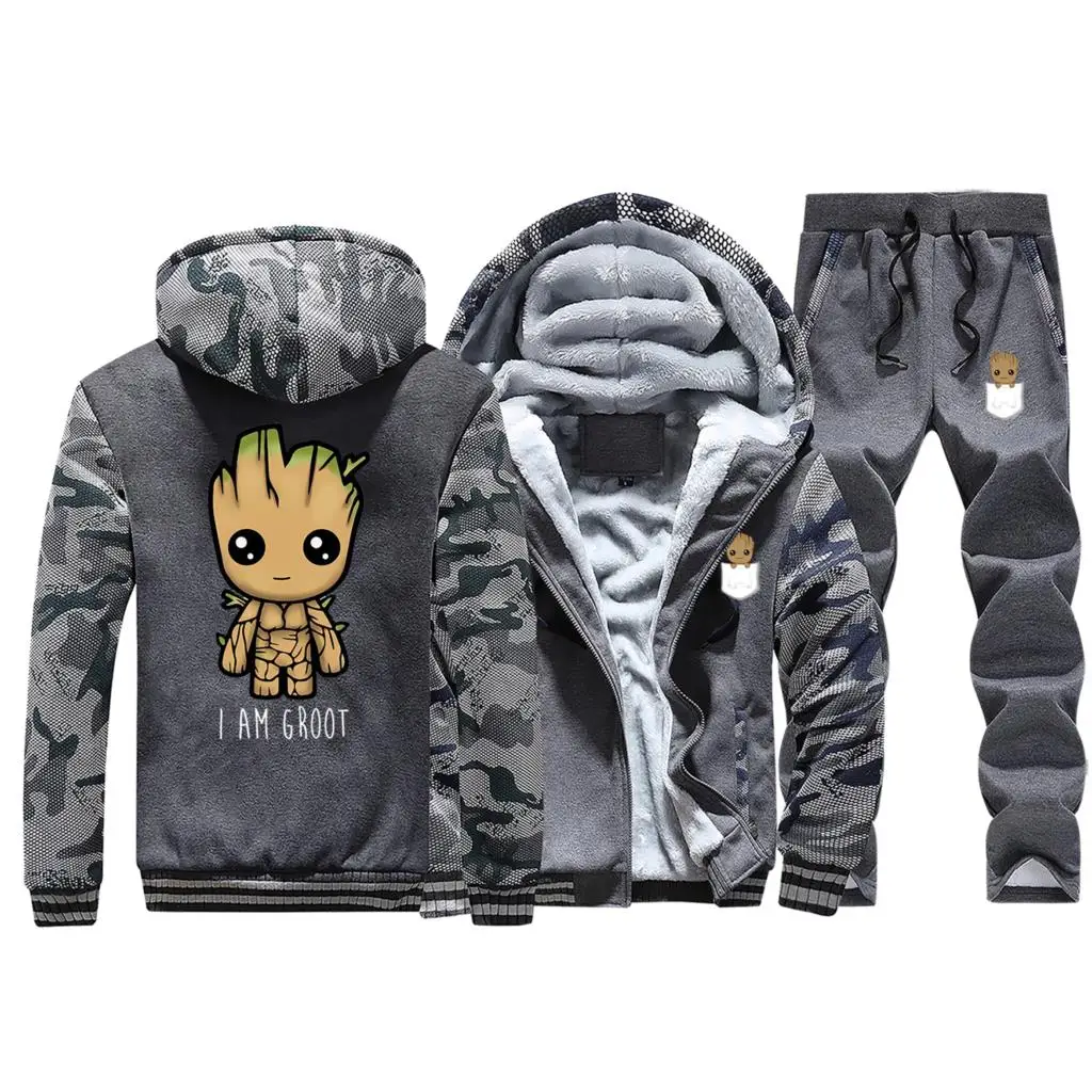 Dark Gray I Am groot, мужские толстовки с капюшоном, зимние толстовки, высокое качество, теплый костюм Groot, мужская куртка+ штаны, комплекты из 2 предметов, Мужская Уличная одежда - Цвет: Dark Gray