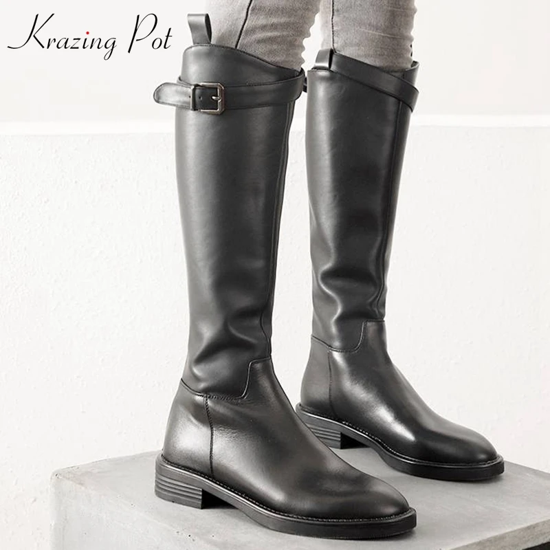

krazing pot basic genuine leather zip low heels round toe punk rock equestrian boots concise square buckle knee-high boots l15