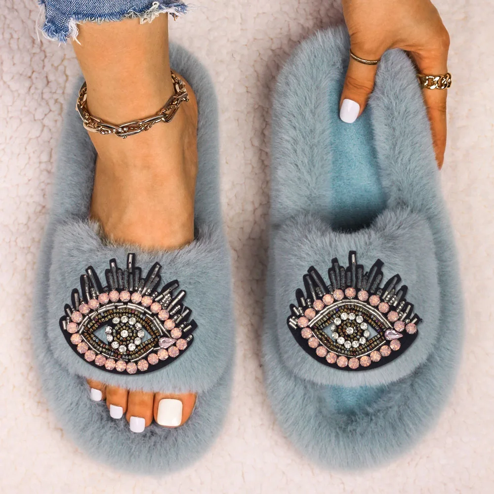 Women's Slippers Fluffy Flip Flop Bead Eye Decor Furry Slides Luxury Designer Slippers Flat Faux Fur Sandals Cute Platform Shoes