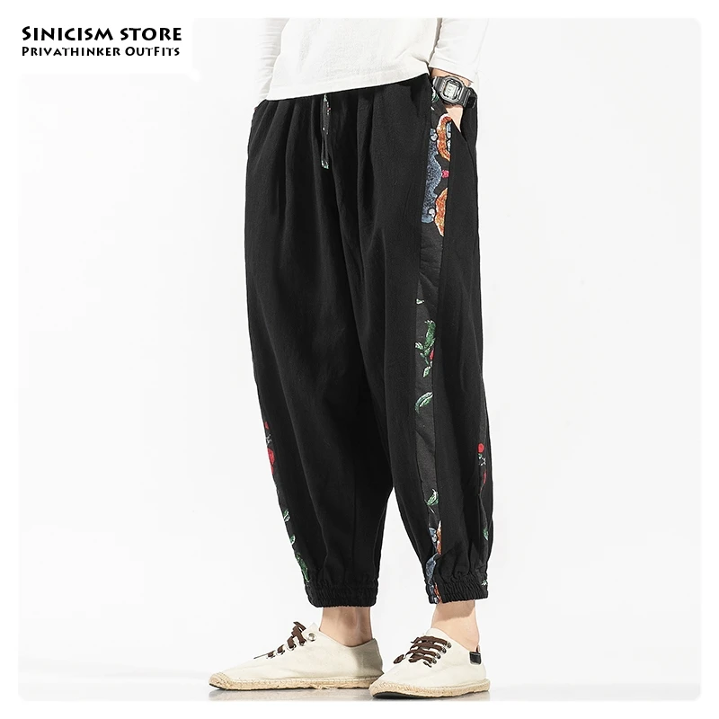 Sinicism Store Мужские штаны-шаровары в китайском стиле длиной до щиколотки мужские свободные черные брюки больших размеров мужские осенние хлопковые льняные брюки