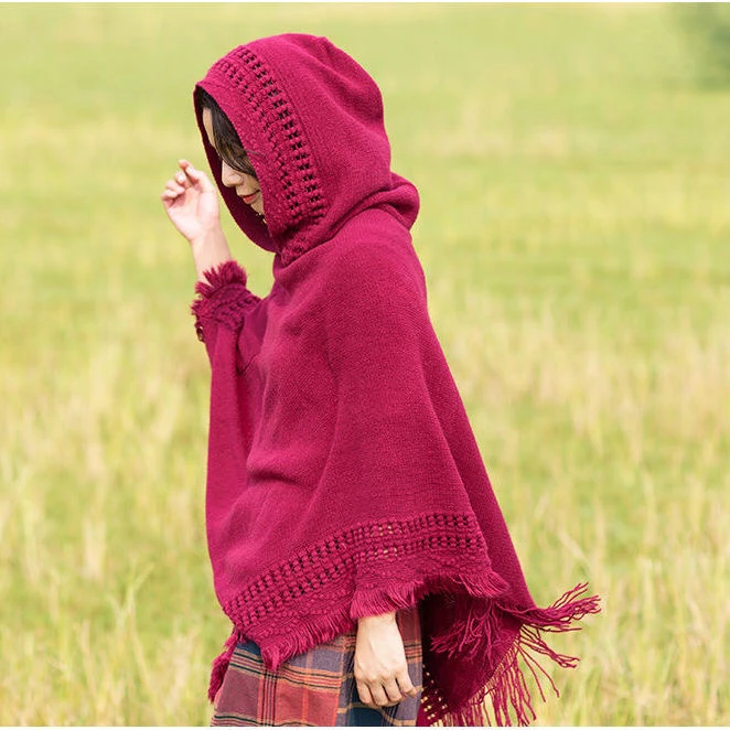 Spring Autumn New Women Winter Knit Hooded Poncho Cape Crochet Fringed  Tassel Shawl Wrap Sweater Even Hat Girls Keep Warm Red