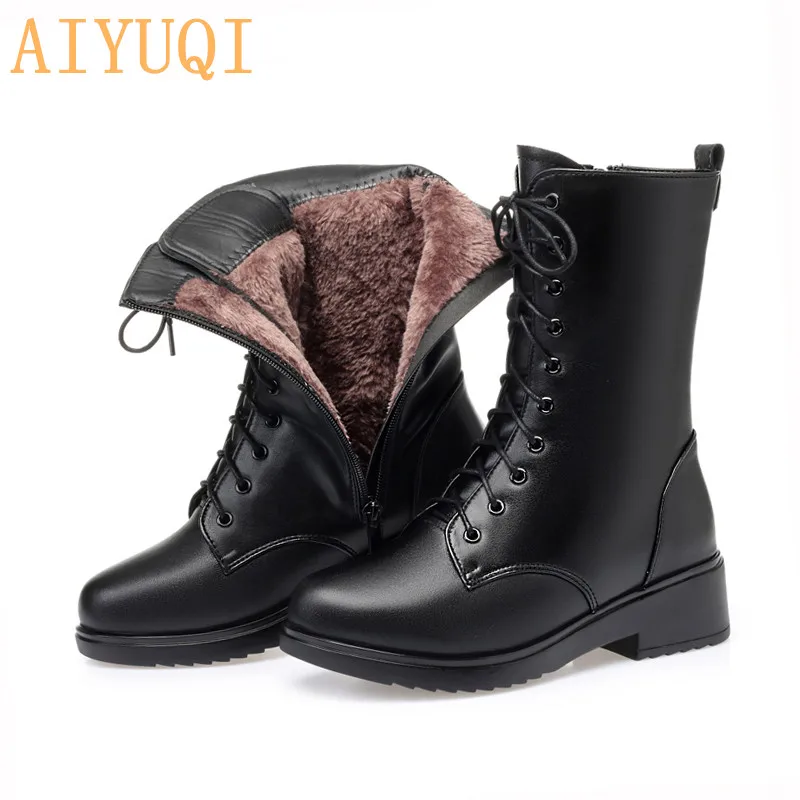 AIYUQI г. D ботинки женская обувь новые зимние ботинки из натуральной кожи женские повседневные Ботинки martin в стиле милитари размера плюс 41, 42, 43 - Цвет: black fluff