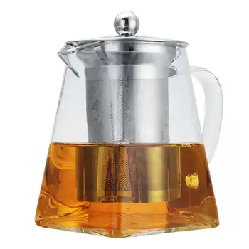 

550ml 750ml High Temperature Resistance Glass Tea Set Heat Resistant Glass Stainless Steel Filtering Teapot Square Flower Teapot