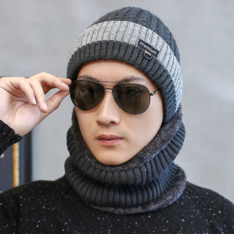 

Winter Hats for Men Twist Knitted Hat Beanies Neck Warm Hat Set